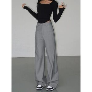 Wide Leg Pants Baggy Palazzo Pleated Front High Waist Pockets Gray Size 2